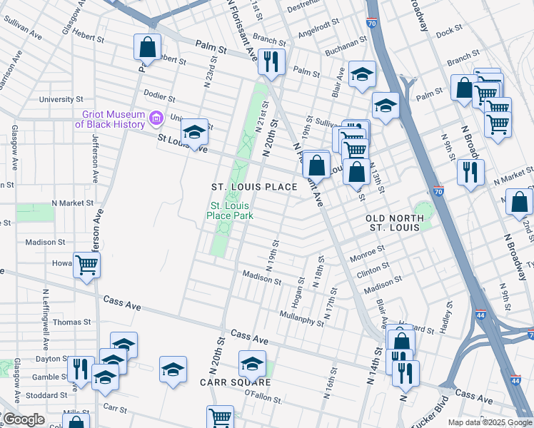 map of restaurants, bars, coffee shops, grocery stores, and more near 1926 Warren Street in St. Louis
