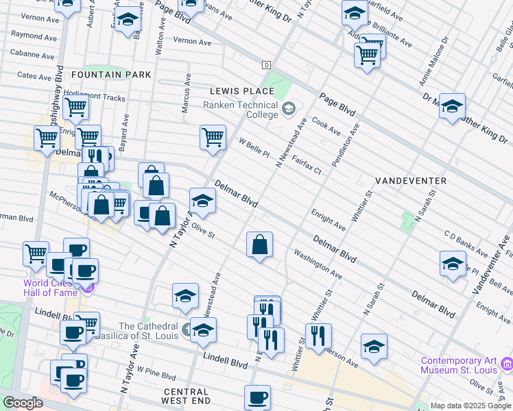 map of restaurants, bars, coffee shops, grocery stores, and more near Delmar Blvd & N Newstead Ave in St Louis