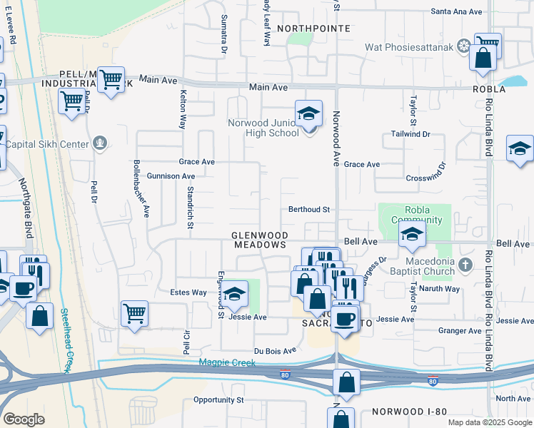 map of restaurants, bars, coffee shops, grocery stores, and more near 4428 Austin Street in Sacramento