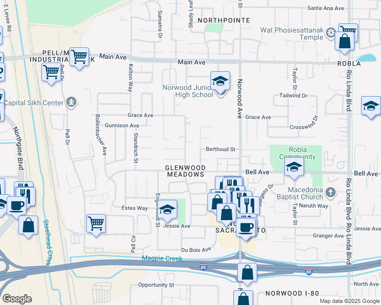 map of restaurants, bars, coffee shops, grocery stores, and more near 4428 Austin Street in Sacramento
