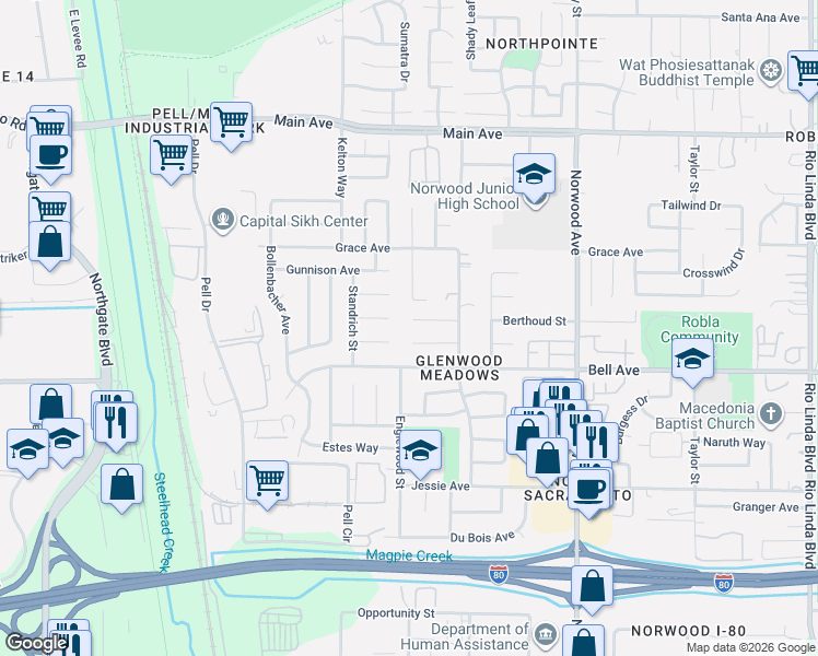 map of restaurants, bars, coffee shops, grocery stores, and more near 30 Megan Court in Sacramento