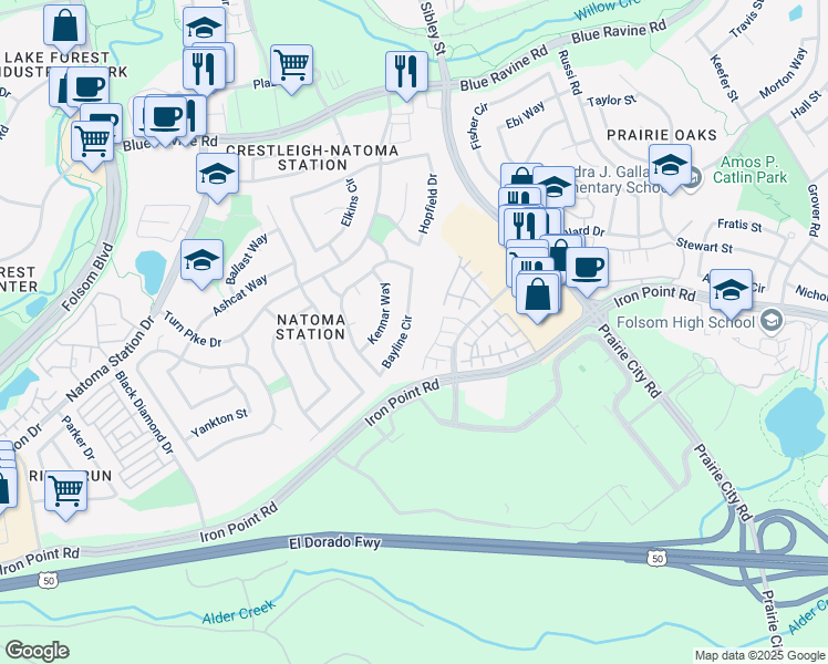 map of restaurants, bars, coffee shops, grocery stores, and more near 168 Bayline Circle in Folsom