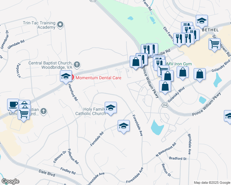 map of restaurants, bars, coffee shops, grocery stores, and more near 3608 Forestdale Avenue in Woodbridge