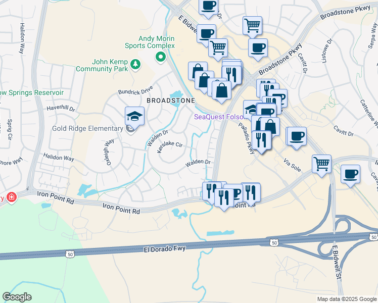 map of restaurants, bars, coffee shops, grocery stores, and more near 1439 Kerslake Circle in Folsom