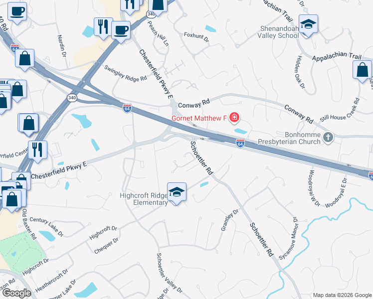 map of restaurants, bars, coffee shops, grocery stores, and more near 1312 Oaktree Estates Lane in Chesterfield