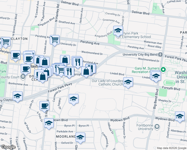 map of restaurants, bars, coffee shops, grocery stores, and more near 7351 Lindell Boulevard in University City