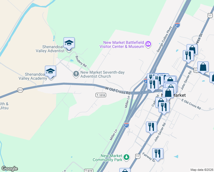 map of restaurants, bars, coffee shops, grocery stores, and more near 368 West Old Cross Road in New Market