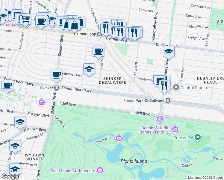 map of restaurants, bars, coffee shops, grocery stores, and more near 5908 Pershing Avenue in St. Louis