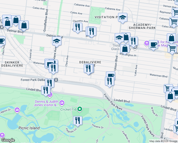 map of restaurants, bars, coffee shops, grocery stores, and more near 5518 Waterman Boulevard in St. Louis
