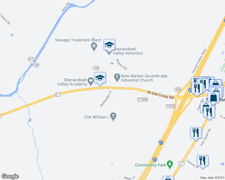 map of restaurants, bars, coffee shops, grocery stores, and more near 75 West Old Cross Road in New Market