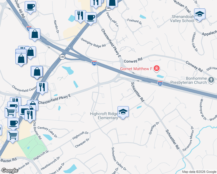 map of restaurants, bars, coffee shops, grocery stores, and more near 1689 Heffington Drive in Chesterfield