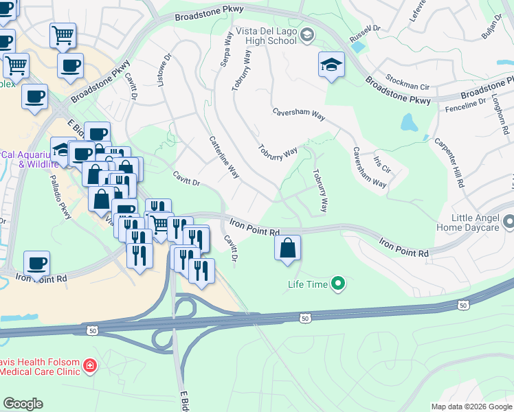 map of restaurants, bars, coffee shops, grocery stores, and more near 1759 Pentland Court in Folsom