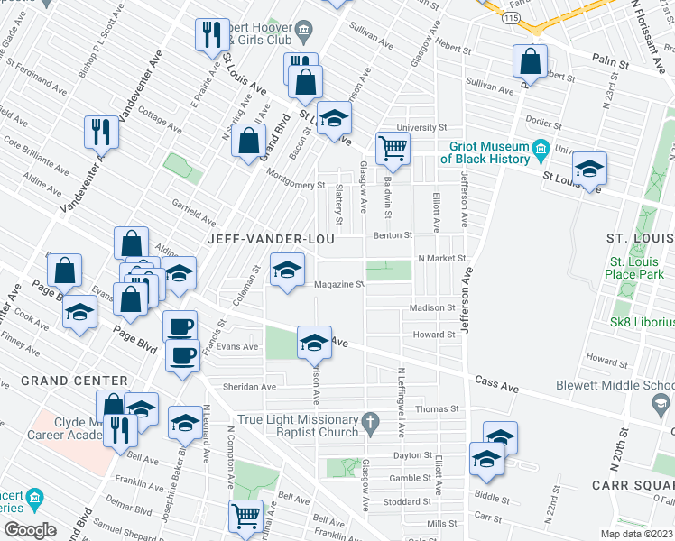 map of restaurants, bars, coffee shops, grocery stores, and more near 2939 Magazine Street in St. Louis