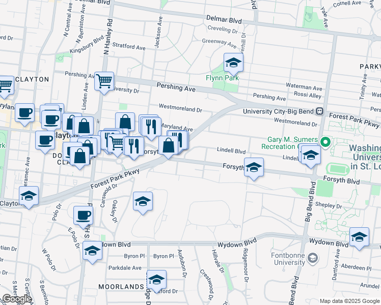 map of restaurants, bars, coffee shops, grocery stores, and more near 7330 Lindell Boulevard in University City