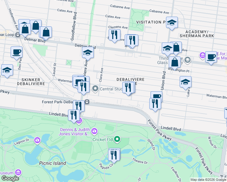 map of restaurants, bars, coffee shops, grocery stores, and more near 5560 Waterman Boulevard in St. Louis
