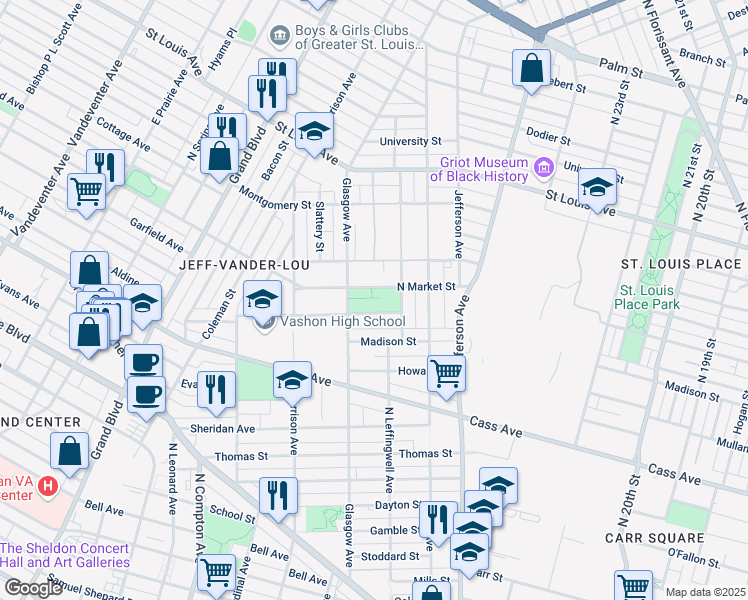 map of restaurants, bars, coffee shops, grocery stores, and more near 1820 Glasgow Avenue in St. Louis