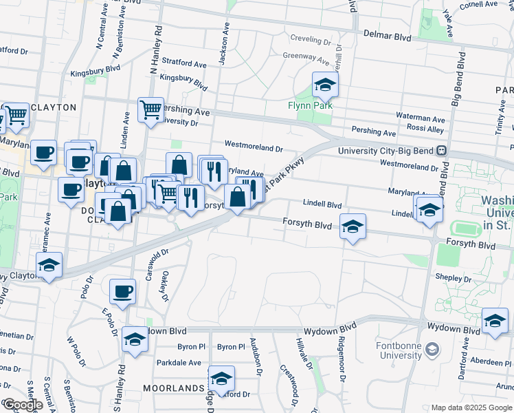 map of restaurants, bars, coffee shops, grocery stores, and more near 7351 Lindell Boulevard in University City