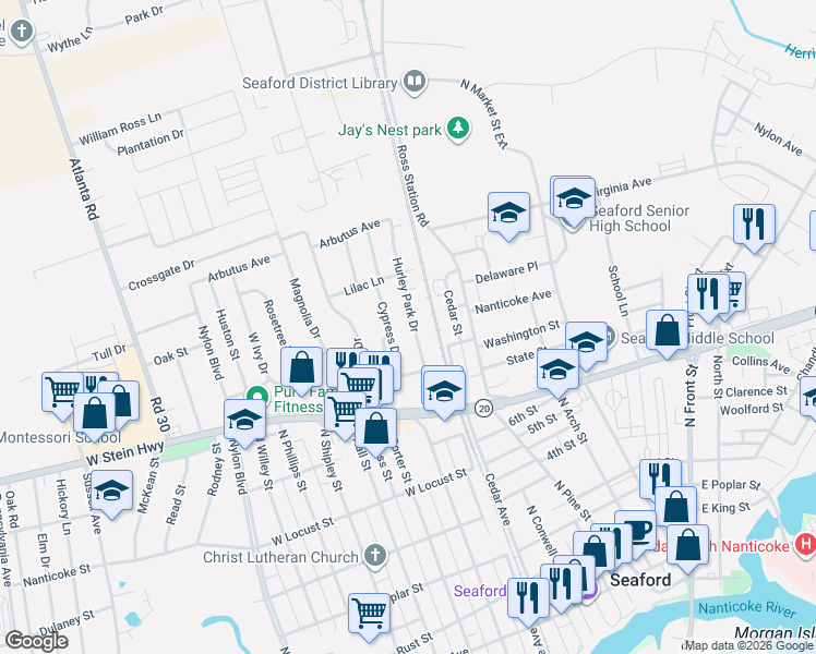 map of restaurants, bars, coffee shops, grocery stores, and more near 731 Hurley Park Drive in Seaford