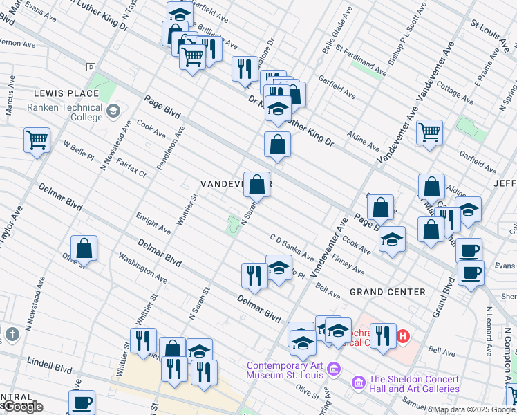 map of restaurants, bars, coffee shops, grocery stores, and more near 1100 North Sarah Street in St. Louis