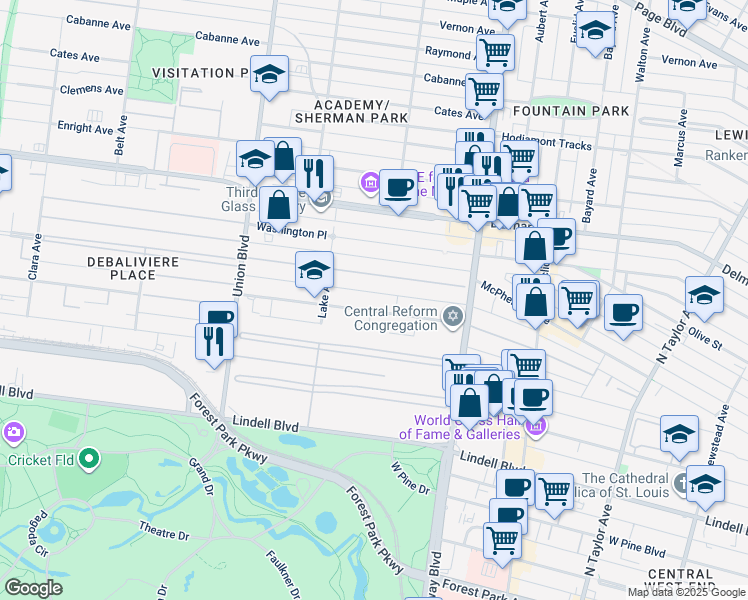 map of restaurants, bars, coffee shops, grocery stores, and more near 5123 Waterman Boulevard in St. Louis