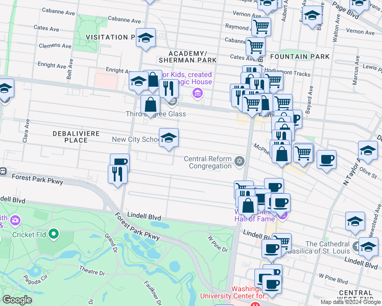 map of restaurants, bars, coffee shops, grocery stores, and more near 5123 Waterman Boulevard in St. Louis