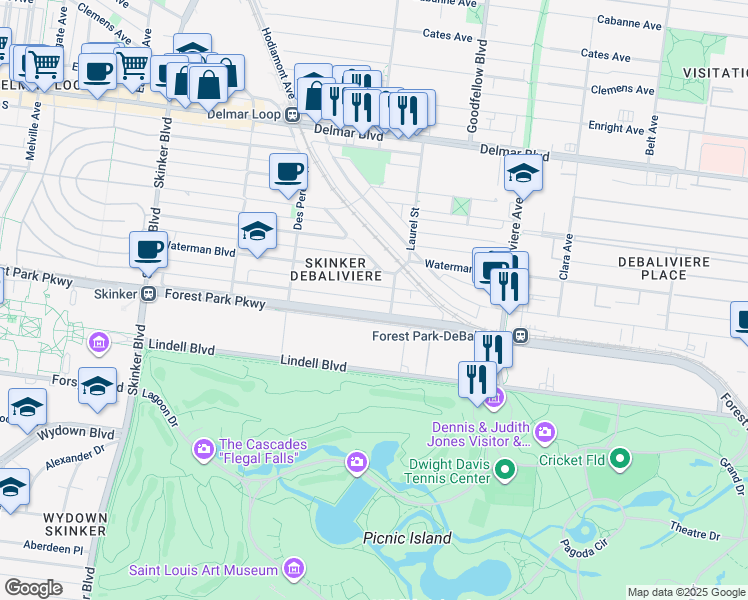 map of restaurants, bars, coffee shops, grocery stores, and more near 5820 Pershing Avenue in St. Louis