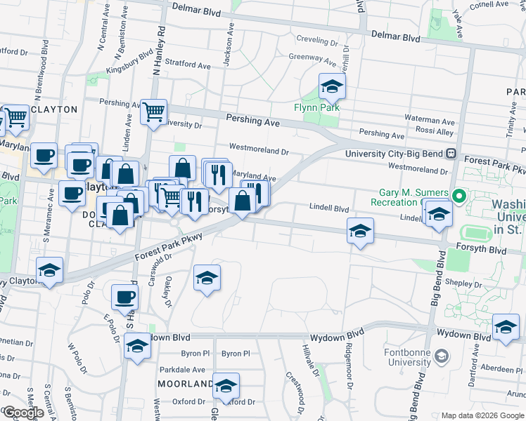 map of restaurants, bars, coffee shops, grocery stores, and more near 7351 Lindell Boulevard in University City