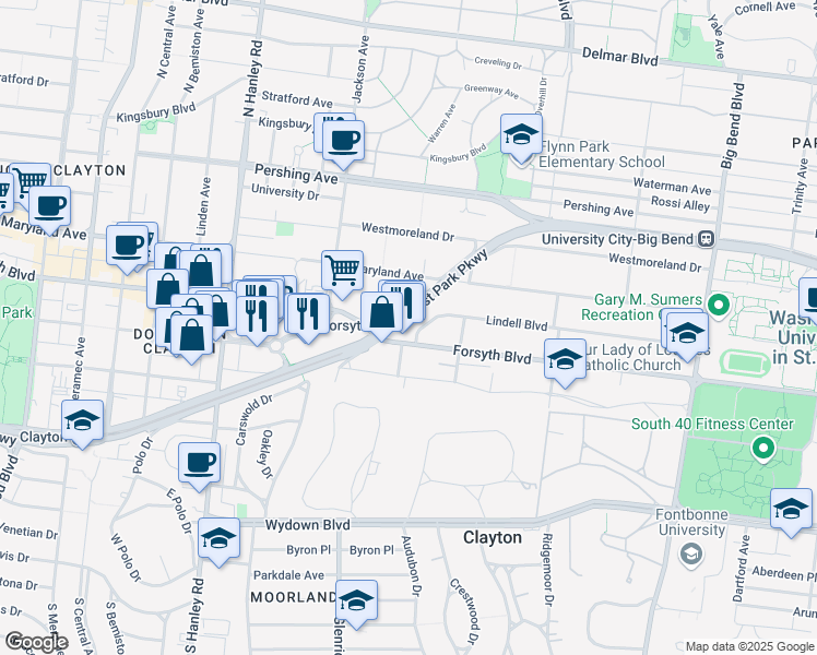 map of restaurants, bars, coffee shops, grocery stores, and more near 7351 Lindell Boulevard in University City