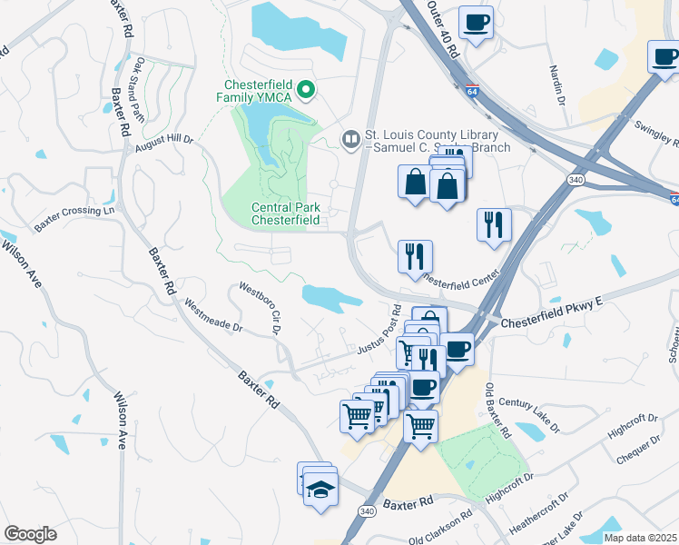 map of restaurants, bars, coffee shops, grocery stores, and more near 16300 Lydia Hill Drive in Chesterfield