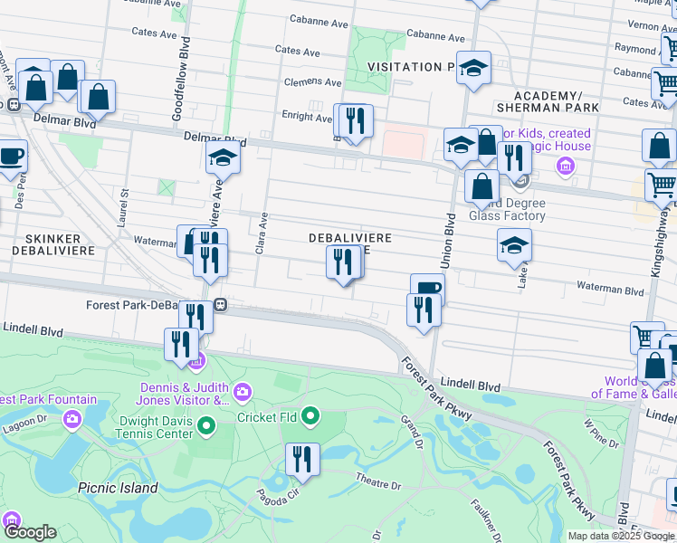 map of restaurants, bars, coffee shops, grocery stores, and more near 5518 Waterman Boulevard in St. Louis