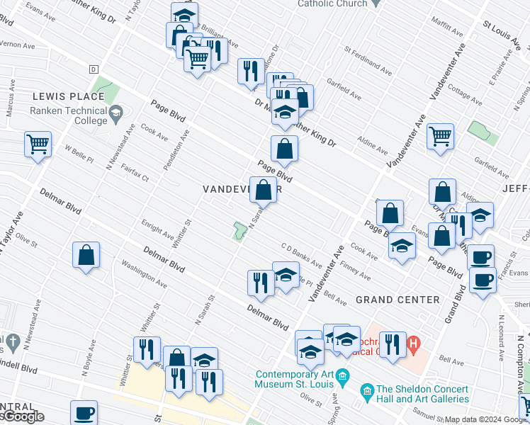 map of restaurants, bars, coffee shops, grocery stores, and more near 1100 North Sarah Street in St. Louis