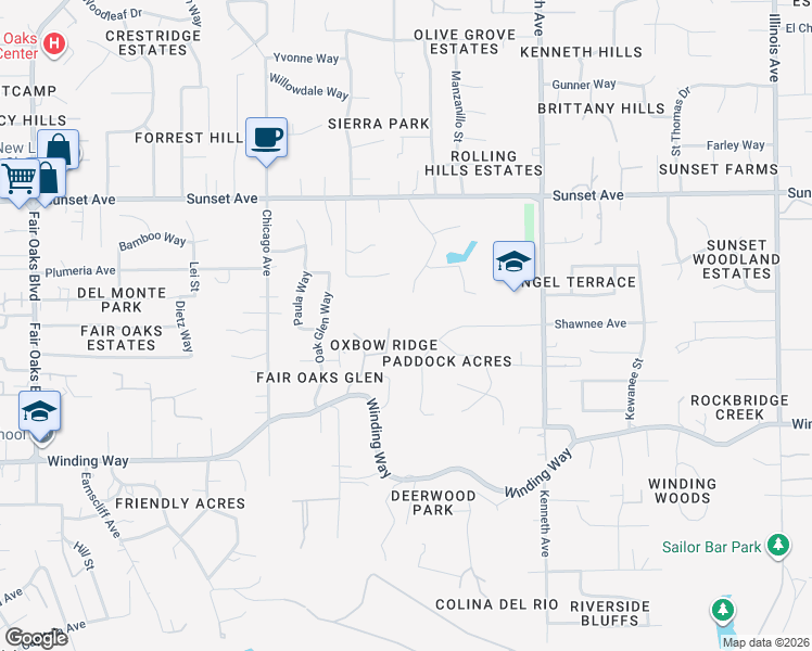 map of restaurants, bars, coffee shops, grocery stores, and more near 4580 Oxbow Ridge Place in Fair Oaks