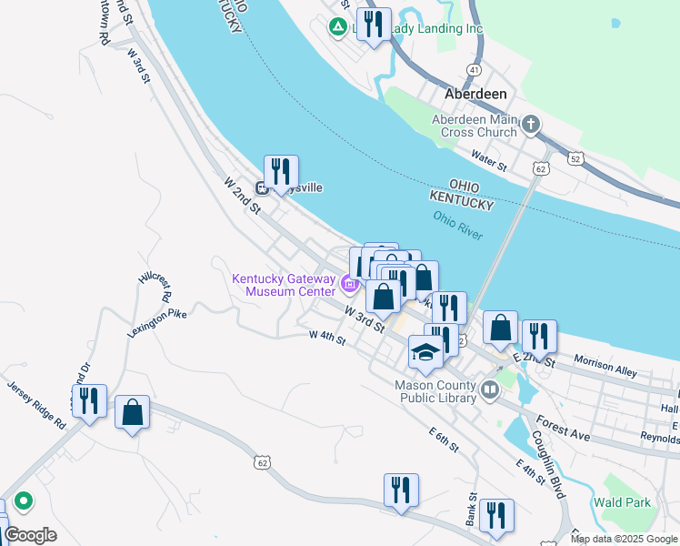 map of restaurants, bars, coffee shops, grocery stores, and more near 116 West 2nd Street in Maysville