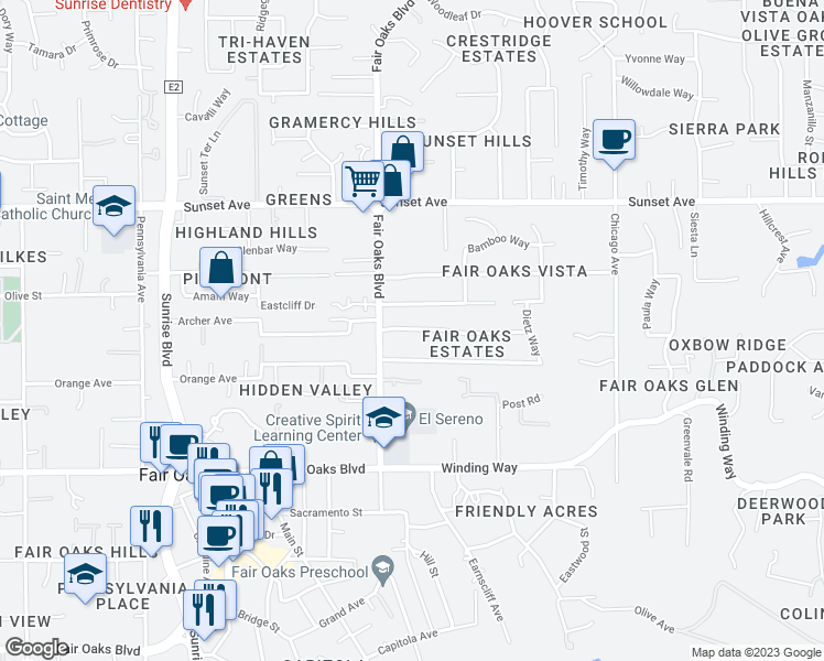 map of restaurants, bars, coffee shops, grocery stores, and more near 8116 Shangrila Drive in Fair Oaks