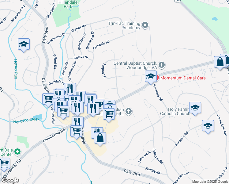 map of restaurants, bars, coffee shops, grocery stores, and more near 14054 Bluefin Dr in Woodbridge