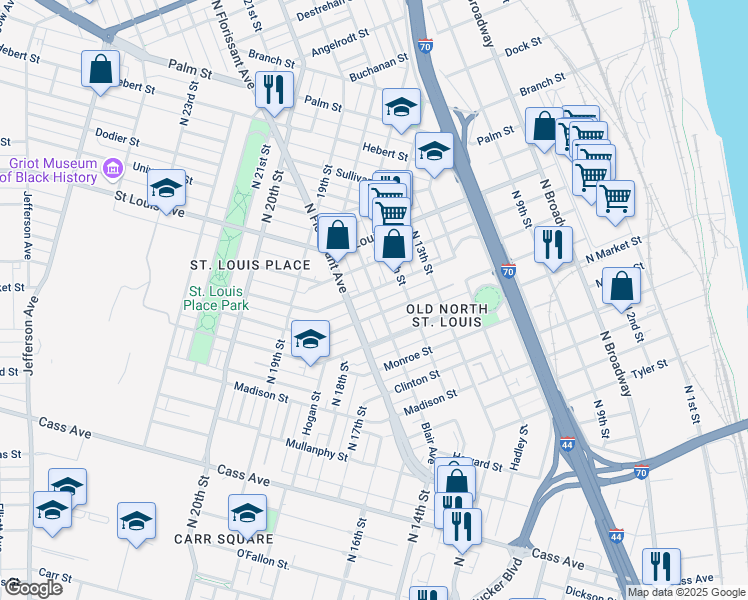 map of restaurants, bars, coffee shops, grocery stores, and more near 2515 Blair Ave in St Louis