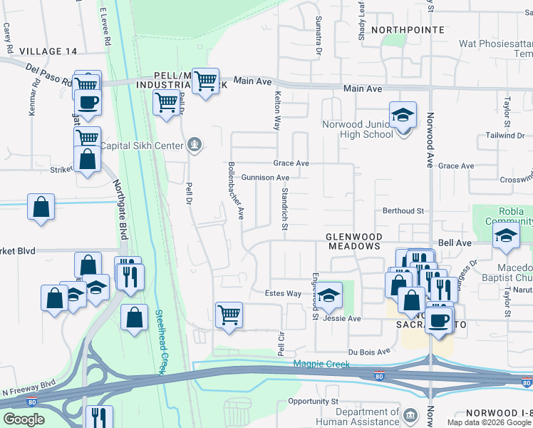 map of restaurants, bars, coffee shops, grocery stores, and more near 4493 Breckenridge Way in Sacramento