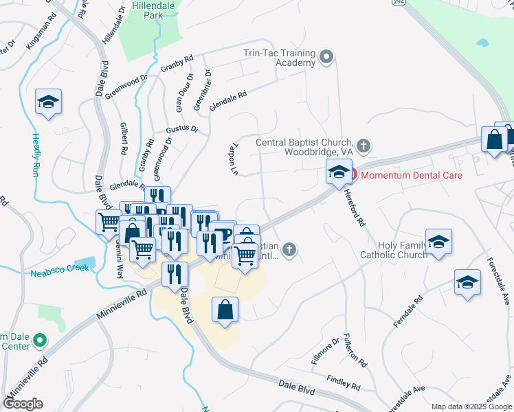 map of restaurants, bars, coffee shops, grocery stores, and more near 14054 Bluefin Dr in Woodbridge