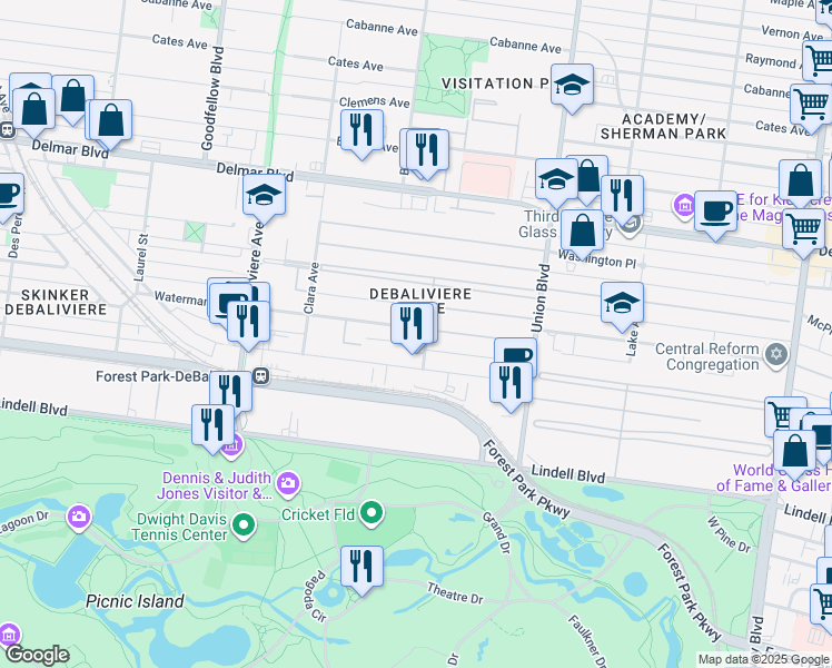 map of restaurants, bars, coffee shops, grocery stores, and more near 5510 Waterman Boulevard in St. Louis