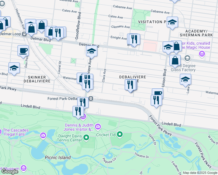 map of restaurants, bars, coffee shops, grocery stores, and more near 5604R Waterman Boulevard in St. Louis