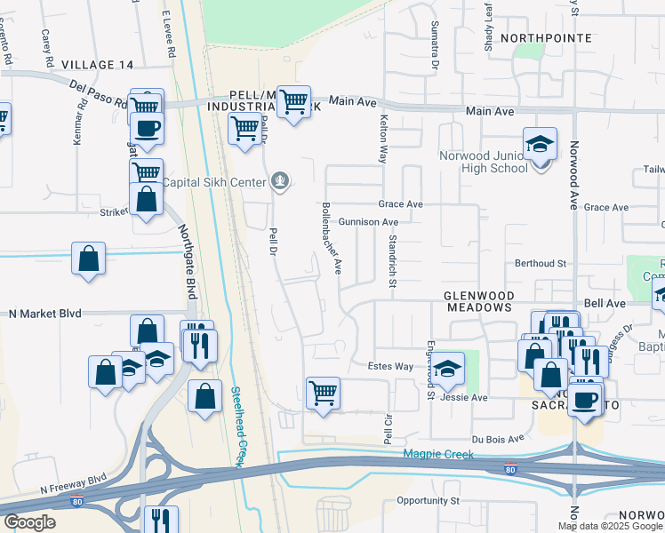 map of restaurants, bars, coffee shops, grocery stores, and more near 4465 Bollenbacher Avenue in Sacramento