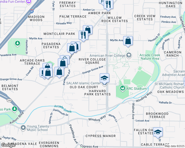 map of restaurants, bars, coffee shops, grocery stores, and more near 4709 Large Oak Court in Sacramento
