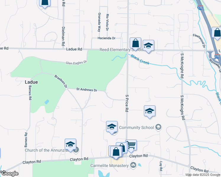 map of restaurants, bars, coffee shops, grocery stores, and more near 9 Saint Andrews Drive in St. Louis