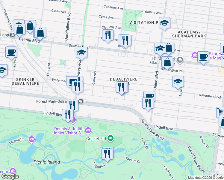 map of restaurants, bars, coffee shops, grocery stores, and more near 5560 Waterman Boulevard in St. Louis