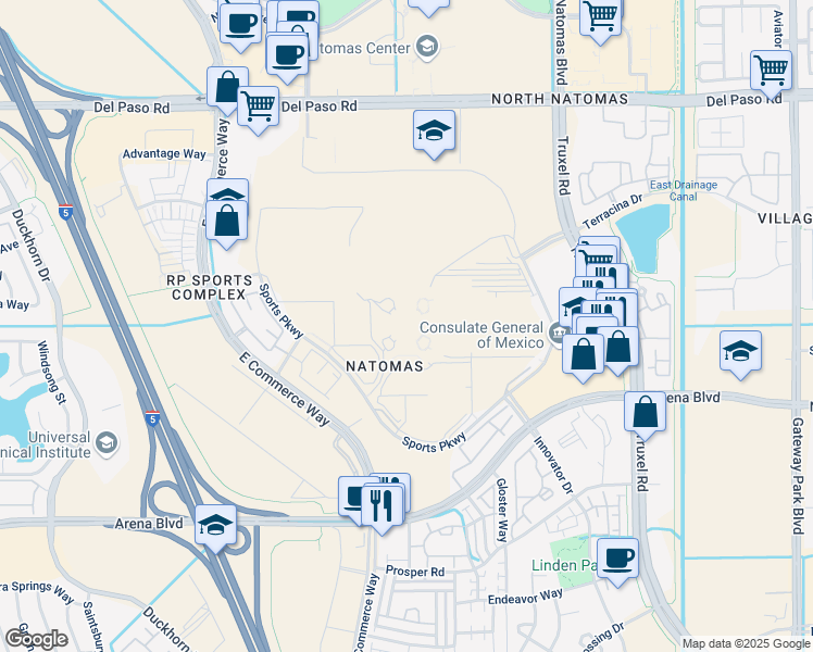 map of restaurants, bars, coffee shops, grocery stores, and more near 1 Sports Parkway in Sacramento