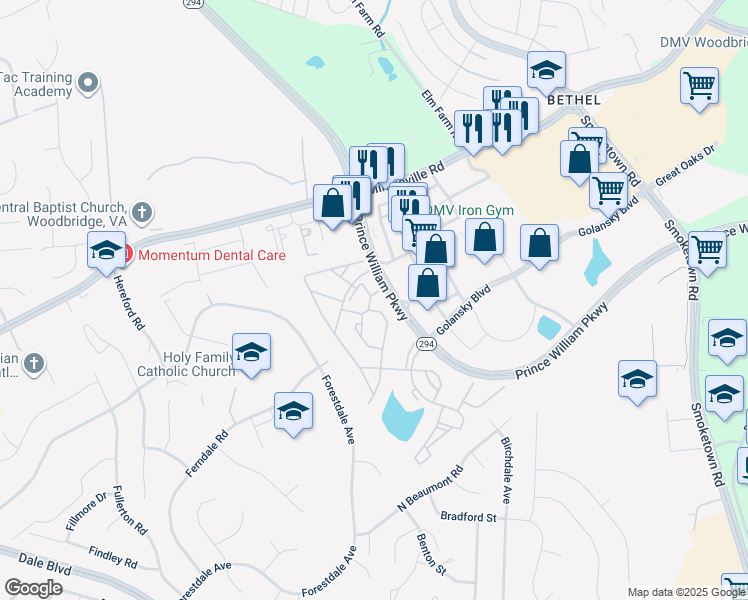 map of restaurants, bars, coffee shops, grocery stores, and more near 14009 Freda Place in Woodbridge