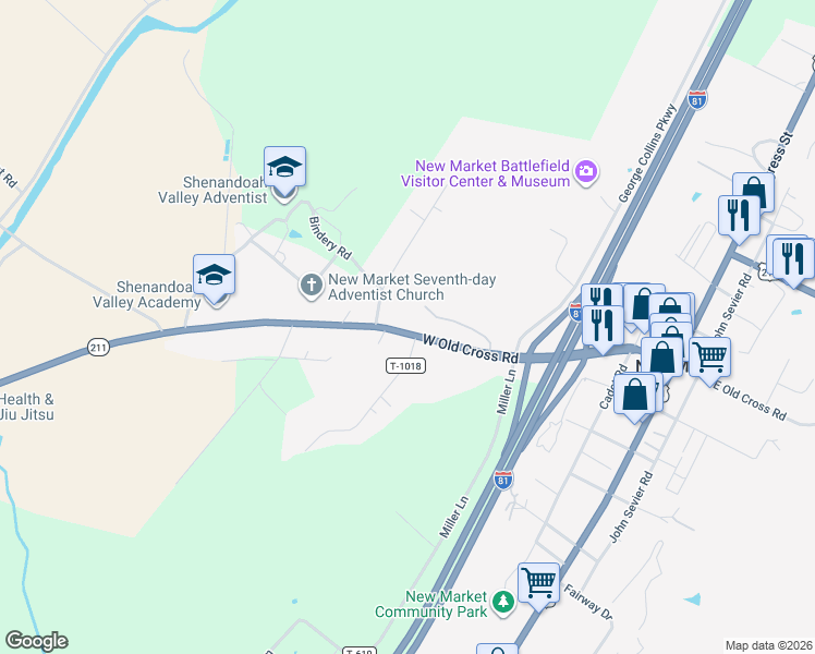 map of restaurants, bars, coffee shops, grocery stores, and more near 404 Virginia 211 in New Market