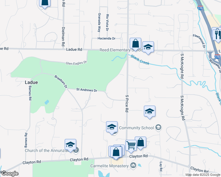 map of restaurants, bars, coffee shops, grocery stores, and more near 9 Saint Andrews Drive in St. Louis