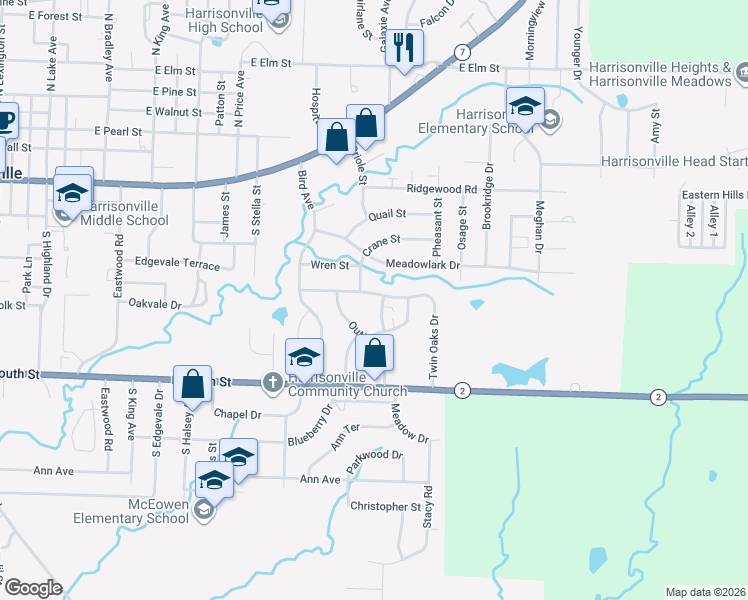 map of restaurants, bars, coffee shops, grocery stores, and more near 2001 Twin Oaks Drive in Harrisonville