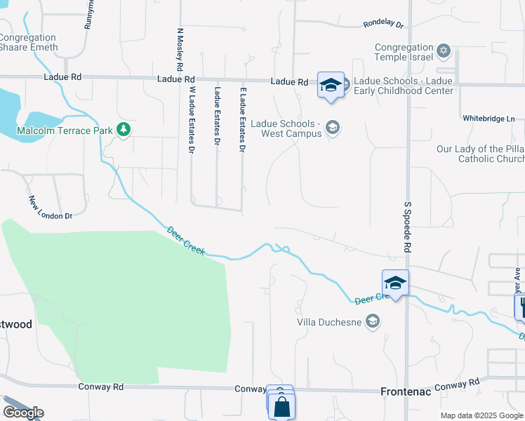 map of restaurants, bars, coffee shops, grocery stores, and more near 297 South Graeser Road in Creve Coeur